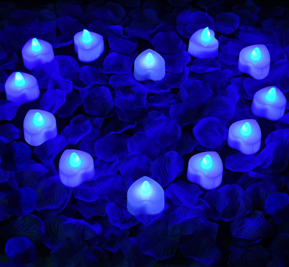 1000Pcs Blue Artificial Rose Petals with 12Pcs Blue LED Tea Lights Kit, for Déco