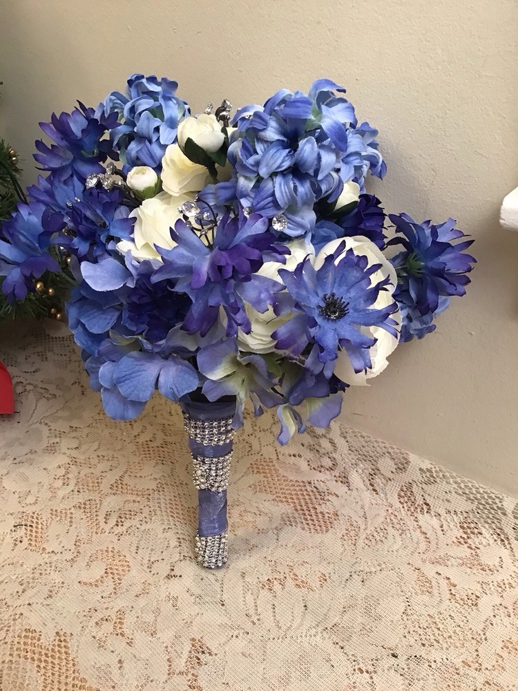 White & Blue Purple Bridal bouquet Wedding Bridesmaid Faux Flower Floral