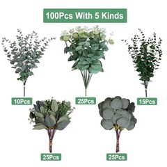 100pcs Artificial Eucalyptus Leaves Stems, 5 Kinds Mixed Fakeery 100 Pcs Green