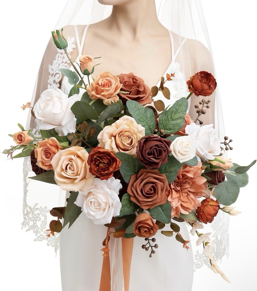 Ling’s Moment Terracotta Wedding Bouquets for Bride, Burnt Orange Bridal Bouq…