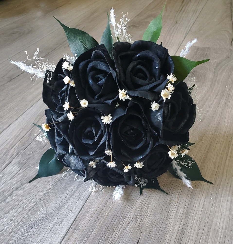Black Rose Bridal Bouquet Sola Wood Flowers for Halloween Wedding & Bridesmaid