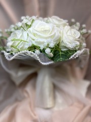 Artificial White Rose Wedding Bouquet with Satin Ribbon & Pearl Trim