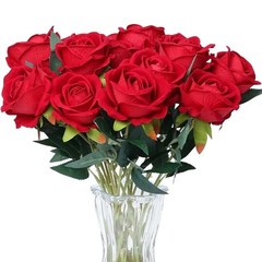 15PCS Artificial Roses Silk Flowers Fake Roses Realistic Bouquet Long Stem Red