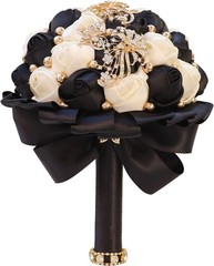 Elegant Golden Rhinestone Wedding Bouquet with Ivory Satin Roses & Crystals