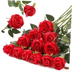 12PCS Artificial Silk Flowers Realistic Roses Bouquet 6 Flowers 6 Buds Red