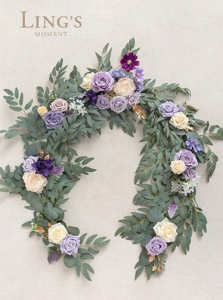 Ling’s Moment Eucalyptus Garland with Flowers, 6FT Wedding Table Decor, Purple