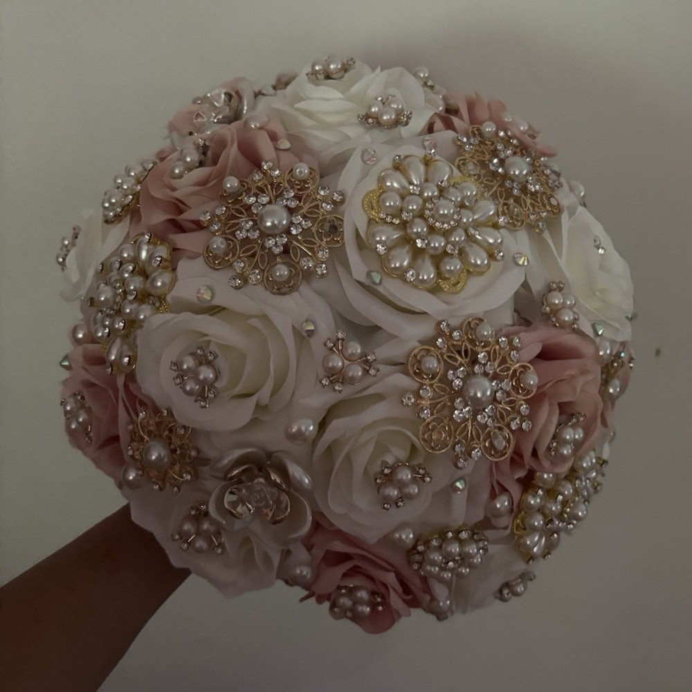 Wedding Artificial Rose Bouquet Bunch White Blush Pink Gold Pearl Rhinestone