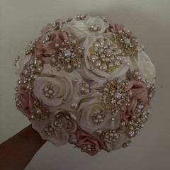 Wedding Artificial Rose Bouquet Bunch White Blush Pink Gold Pearl Rhinestone