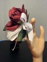 Vintage 1980s Silk Wrist Corsage Burgundy Double Rose White Ribbon, 5” FREE SHIP