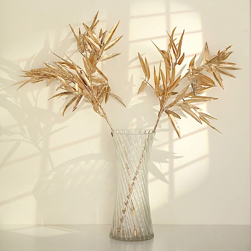 2 Gold 33″ Artificial Bamboo LEAVES Branches Metallic Faux Greenery Stems Party