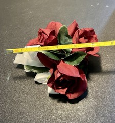 Vintage 1980s Silk Wrist Corsage Burgundy Double Rose White Ribbon, 5” FREE SHIP