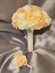Bride Brooch Bouquet and Groom Boutonnière (Champagne And Ivory)