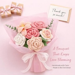 Pink Crochet Flower Bouquet, Handmade Knitted Yarn Rose Flowers with Gift