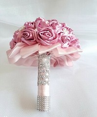 Bridal Bouquets Pink Satin Ribbon Roses, Crystal Brooches, Cream Pearl