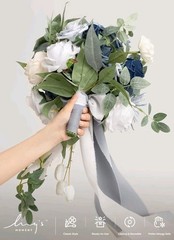 Ling’s Moment Dusty Blue Bridal Bouquet Cascading Wedding 15” Artificial Flowers