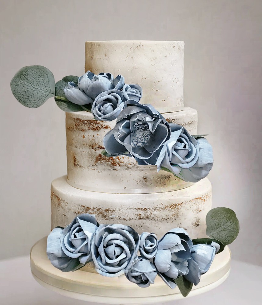 2PC Dusty Blue Wedding Cake Flower Garland Sola Wood Decor Topper Baby Shower