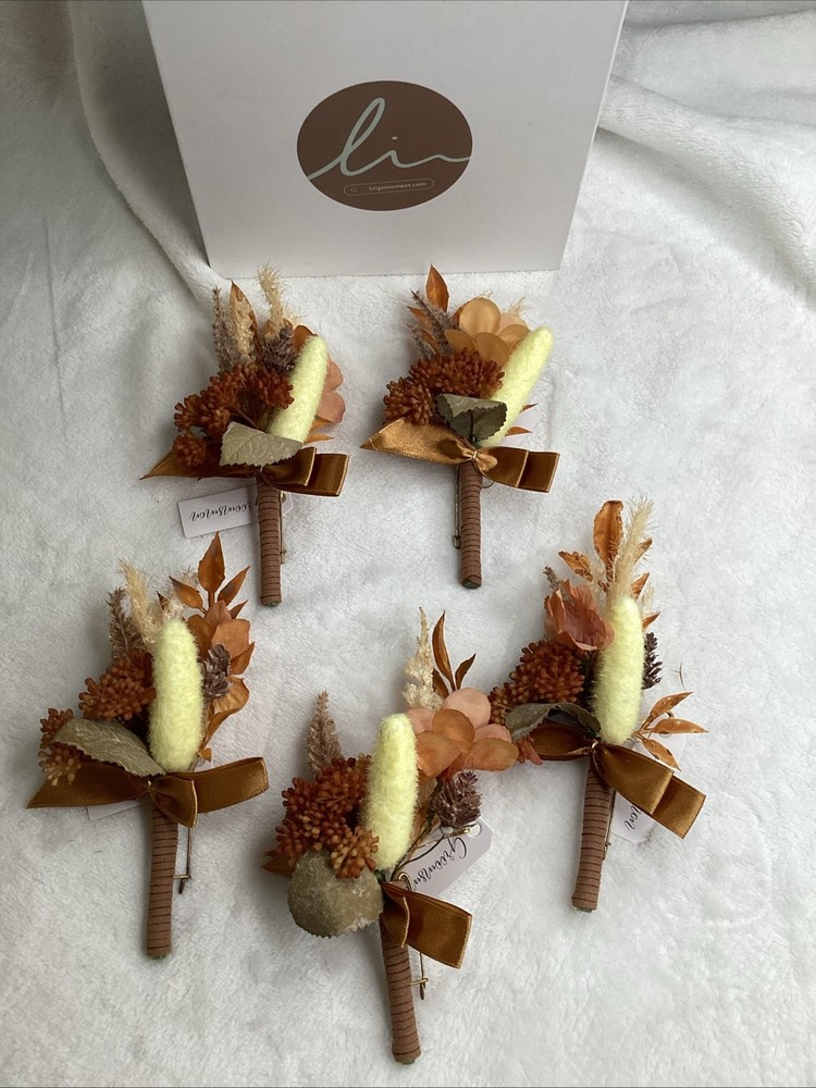 5 Groomsmen Boutonniere Rust Yellow Terracotta Artificial Wedding Flower Damg