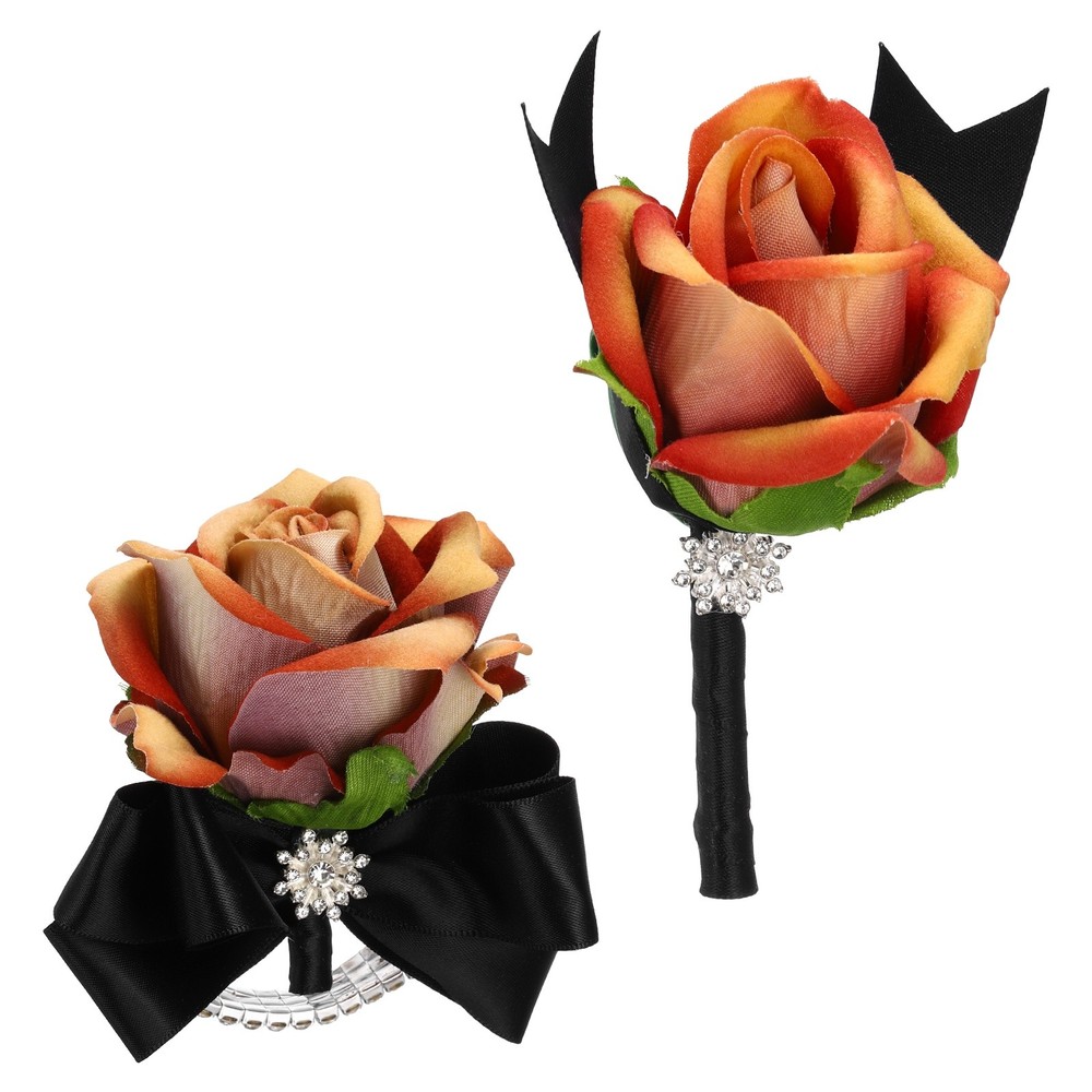 2Pcs Wrist Corsage Boutonnieres Set with Black Ribbon, Autumn Orange