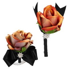 2Pcs Wrist Corsage Boutonnieres Set with Black Ribbon, Autumn Orange