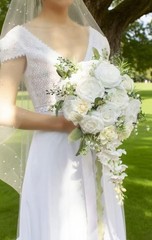 12 Inch Cascade Wedding Bouquets for Bride, Ivory & Champagne Cascading Brida…