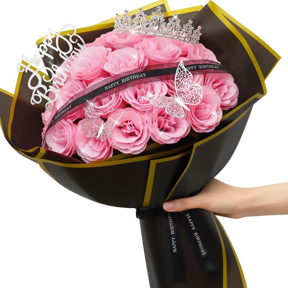 MEIVINES Glitter Roses Bouquet,Birthday Gifts for Women Mom,DIY Fake Pink
