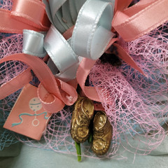 Vintage Corsage New Baby Gold Shoes Butterflies Clay Roses Pink Blue Ribbons