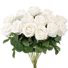 14PCS Roses Artificial Flowers, Velvet Silk Faux Roses with Long Stems White