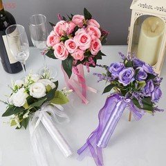 Bridal Wedding Bouquet White Silk Roses Artificial Flowers For Bridesmaid Gift