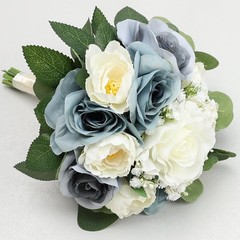 Set of 6 Dusty Blue & White Artificial Bridesmaid Bouquets 11 Inch Round Wedding