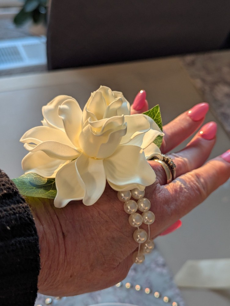 Wrist Corsage , Real Touch Gardenia On Pearl Wristlet, Real Touch Gardenia