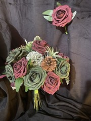 Burgundy And Emerald Green Hand tied Bouquet With Matching Boutonnière.