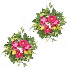 2 Pcs Mini Spring Floral Candle Rings Wreaths for Fuchsia Pink & Yellow
