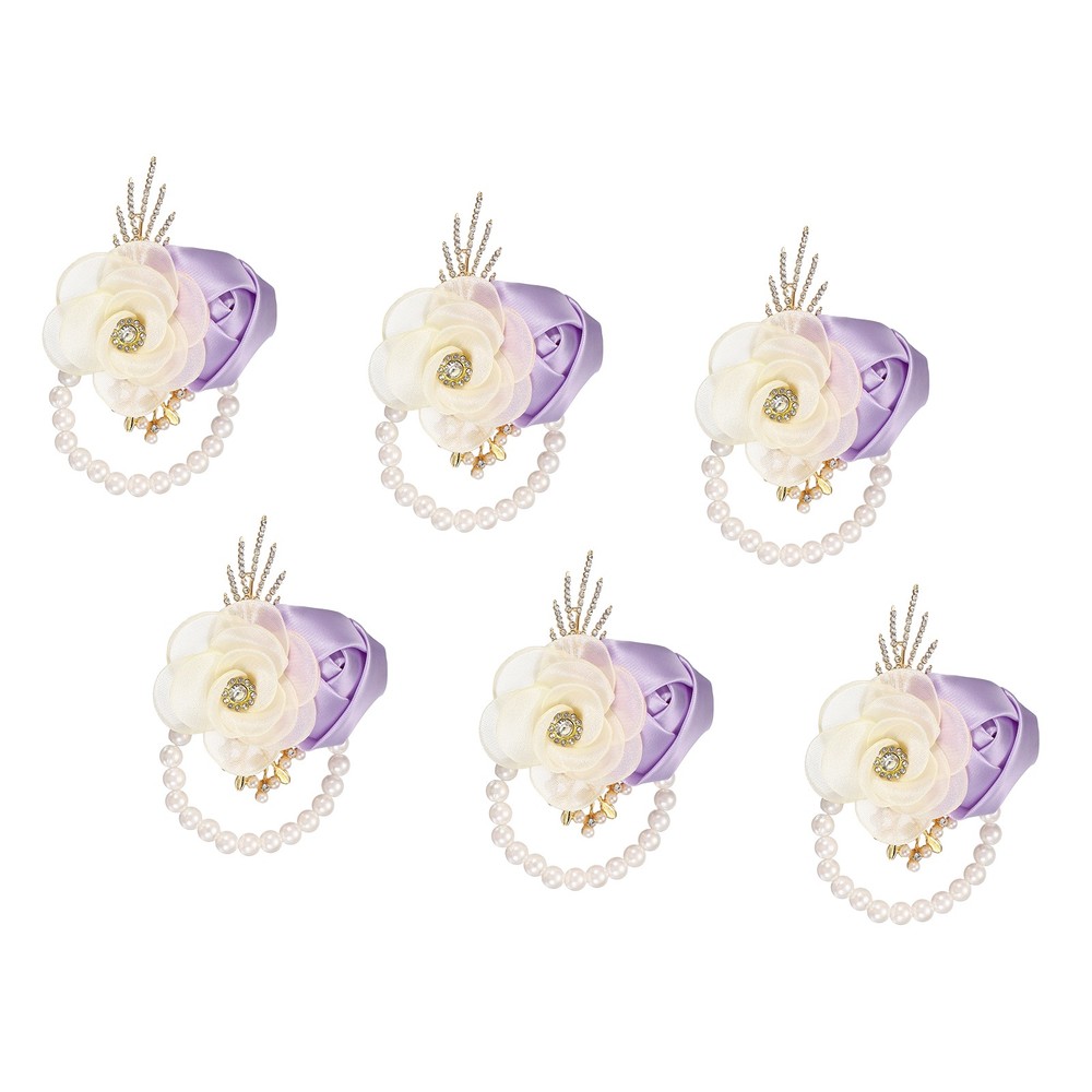 Rose Wrist Corsage, 6Pcs Wrist Corsage Bracelets Flower Wristlet, Lavender