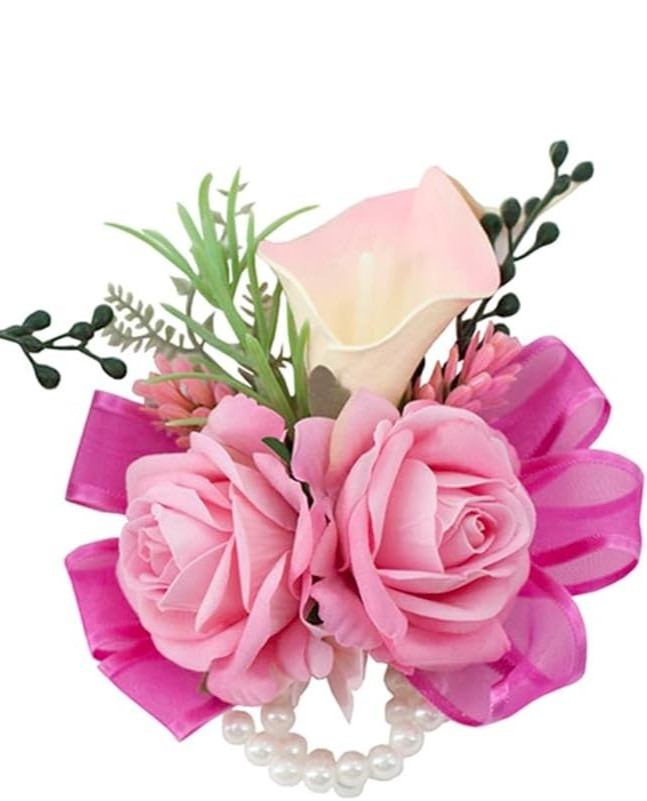 Soft Rose Pink Wrist Corsage – Artificial Calla Lily & Rose with Pearl Bracelet