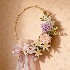 Artificial Rose Floral Hoop Wreath 25x55cm for Porch Festival Indoor Outdoor