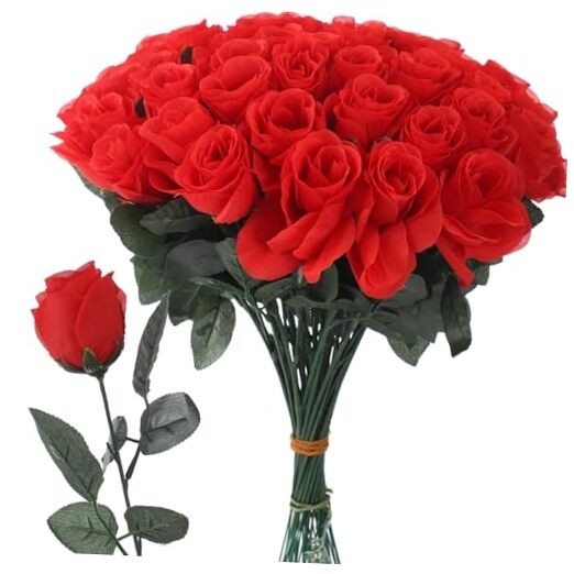 50 PCS Artificial Red Roses, Fabric Faux Rose Bulk with Cloth Leaves and