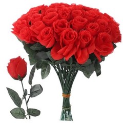 50 PCS Artificial Red Roses, Fabric Faux Rose Bulk with Cloth Leaves and