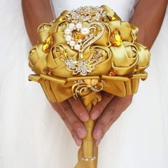Handmade Satin Rose Wedding Bouquet with Gold Crystals – Perfect for Brides