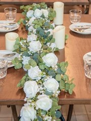 6FT Artificial Eucalyptus Garland with Flowers, 10 Roses Baby Breath White