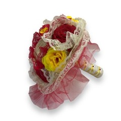 Bride Wedding Bouquet Red Yellow White Cream Burlap Rose Flower Lace Handmade
