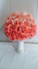 PEACHES AND CREAM WEDDING BOUQUET- PEACH/CREAM/PEARLS/SILVER TULLE-RHINESTONE PI