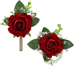 2Pcs Red Rose Corsage and Men Boutonniere Set, Wrist Band Bracelets, for Wedding
