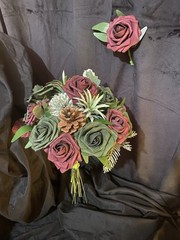Burgundy And Emerald Green Hand tied Bouquet With Matching Boutonnière.