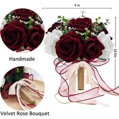 Vkkperp 9in Wedding Bouquets for Bride Bridesmaid, 9 inches, Burgundy & White