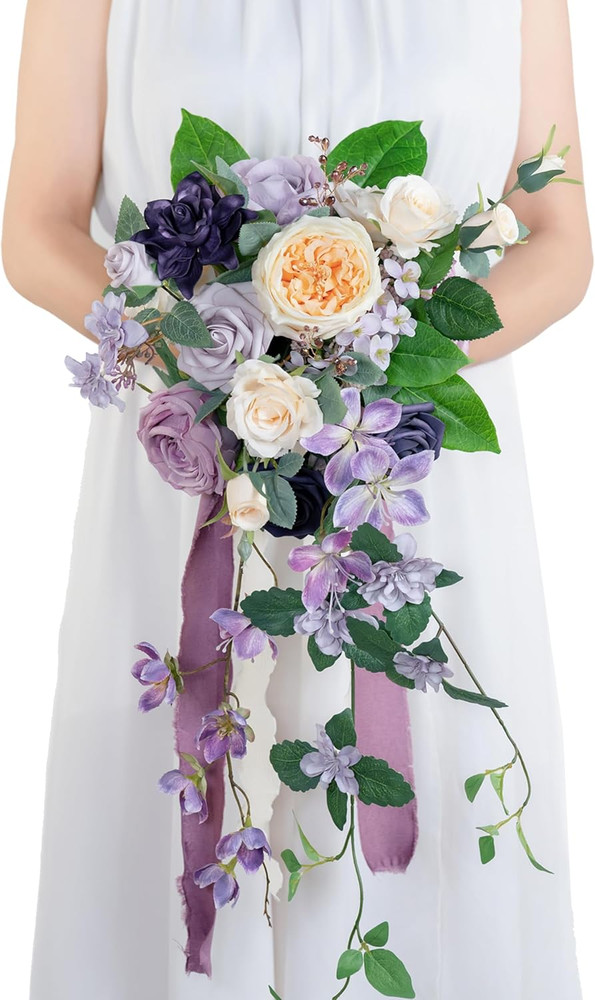 12″ Purple Cascading Bridal Bouquet – Rustic Vintage Wedding Flowers