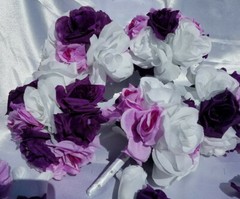 20 Pc Wedding Bouquet Set, Purple Roses, Lavender Roses, White Roses
