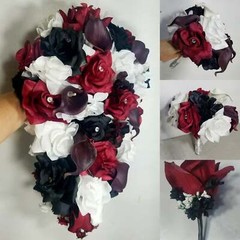 Burgundy Black White Rose Calla Lily Bridal Wedding Bouquet Accessories