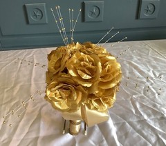 Gold colored roses and crystal bridal bouquet