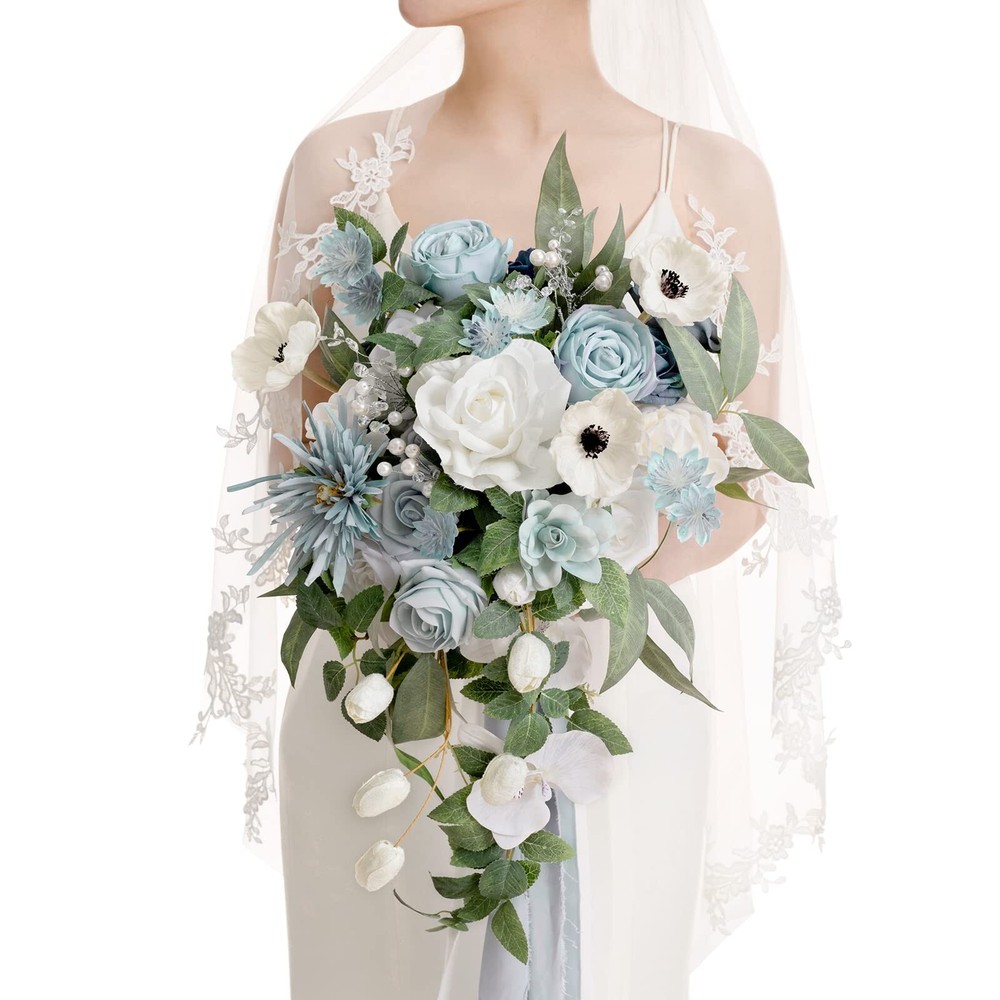 Ling’s Moment Dusty Blue Bridal Bouquet Cascading, Wedding Bouquets for Bride…