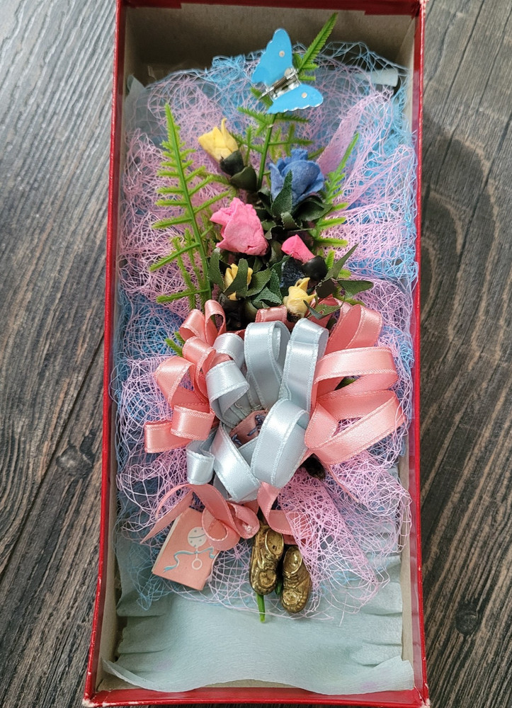 Vintage Corsage New Baby Gold Shoes Butterflies Clay Roses Pink Blue Ribbons